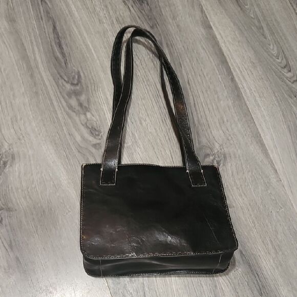 EUC VTG Fossil Black Leather Dbl Strap 3 Section Shoulder Bag - Picture 1 of 7
